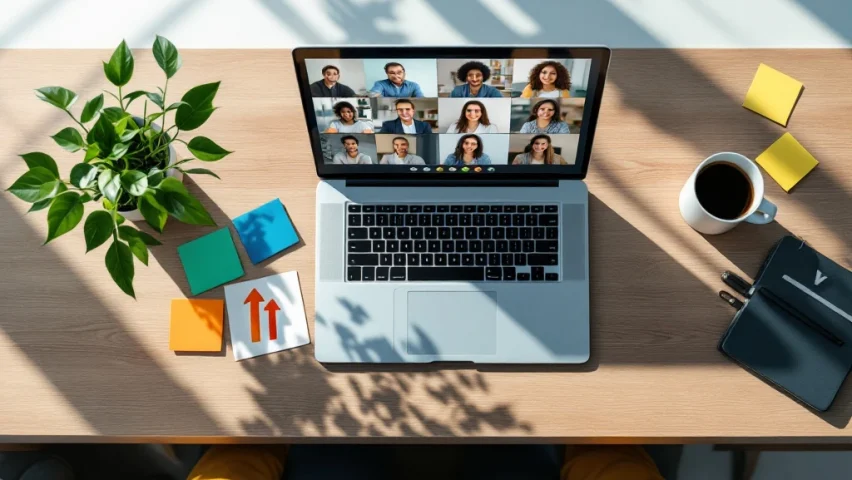 Moderne bureauopstelling met laptop die videogesprek toont, omringd door plant, notities en koffie voor werknemerstevredenheid