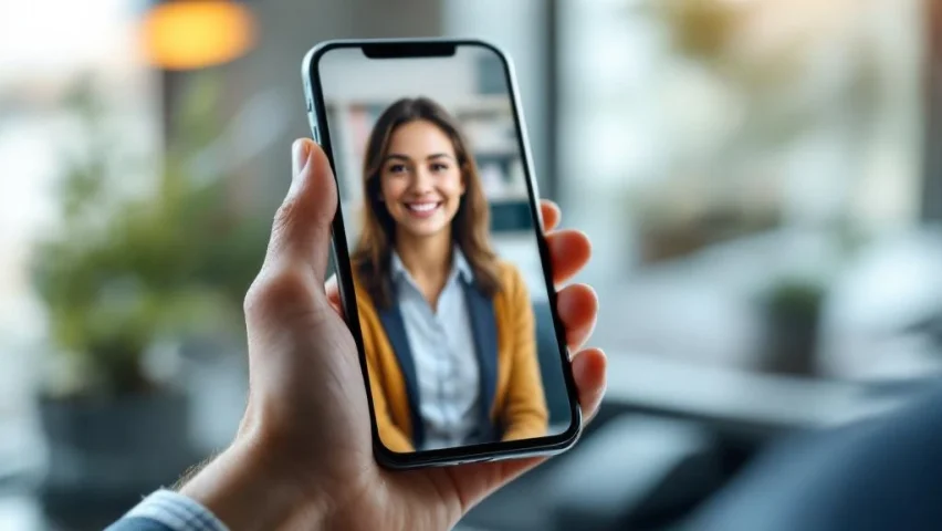 HR-manager houdt smartphone met videoboodschap in modern kantoor met natuurlijk licht