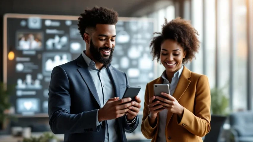 Twee professionals maken video-inhoud met smartphones in modern kantoor met industrie-iconen op achtergrond