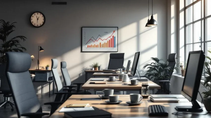 Lege kantoorruimte met verlaten bureaustoelen, open laptops en koffiekopjes die werknemersdesengagement tonen