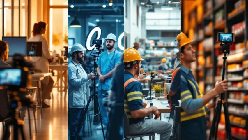 Werknemers maken video-content in kantoor, ziekenhuis, bouwplaats en winkel met smartphones en ringlampen